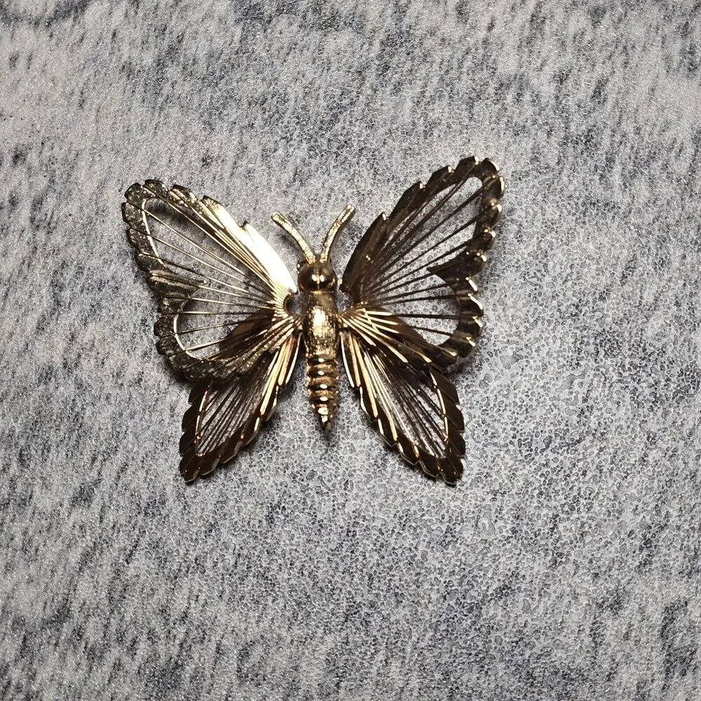 Vintage Monet Butterfly Brooch Pin Gold Tone Open Work Layered Signed Estate